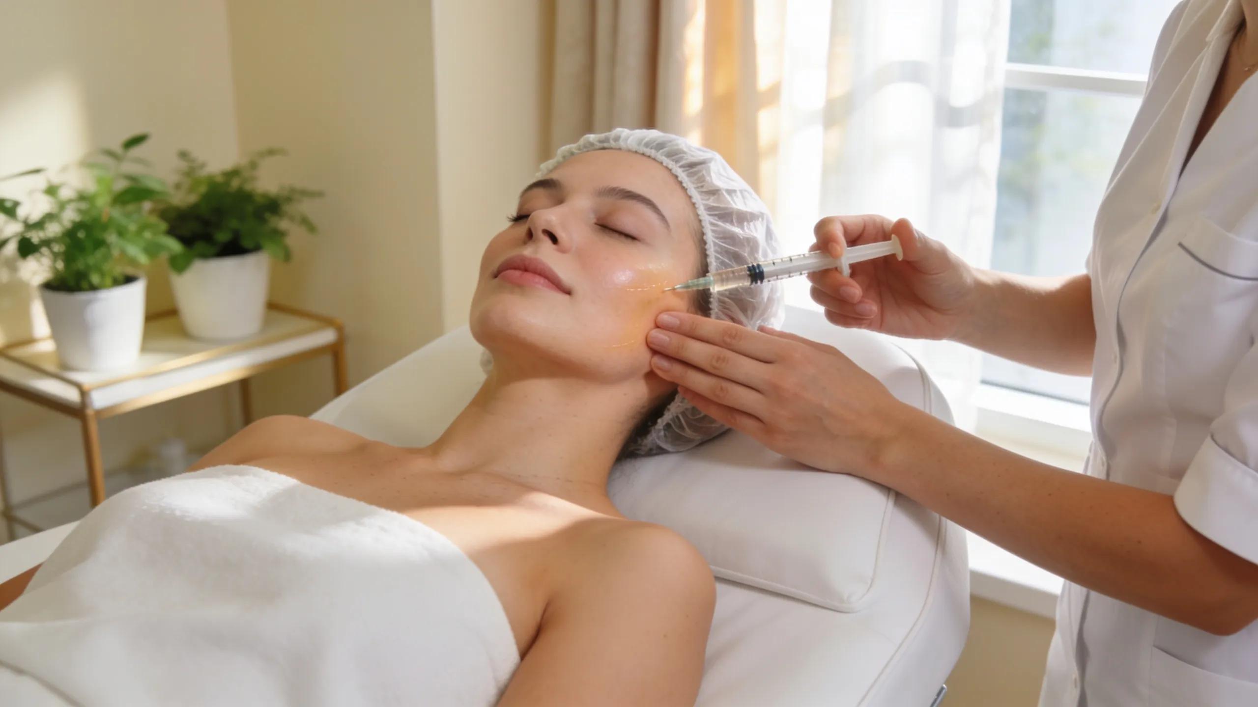 Woman receiving a non-surgical facelift treatment in a modern, tranquil medical spa, highlighting aesthetic innovation